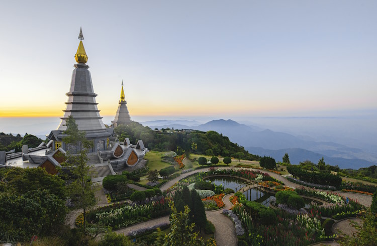 Two pagodas at the top of Doi Inthanon Mountain in northern Thailand.