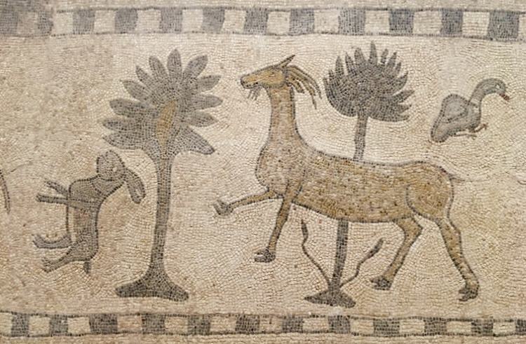 An ancient mosaic of domestic animals at the Zeugma Mosaic Museum in Gaziantep, Turkey.