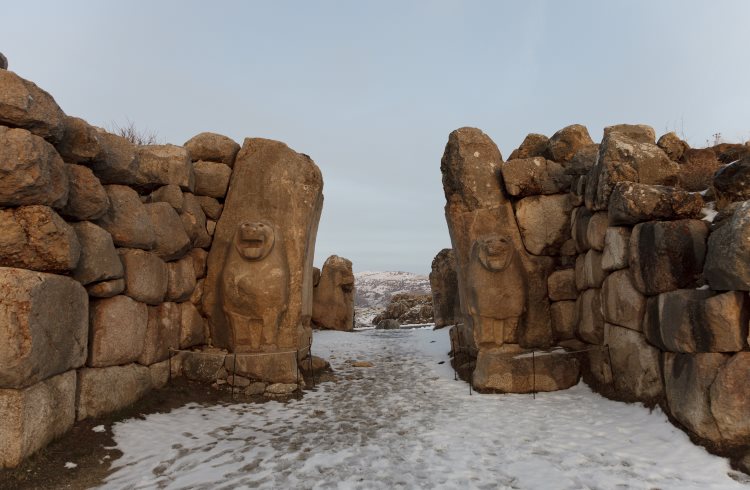 The Lion Gate, dusted with snow, in the ancient city of Hattusa, Turkey.