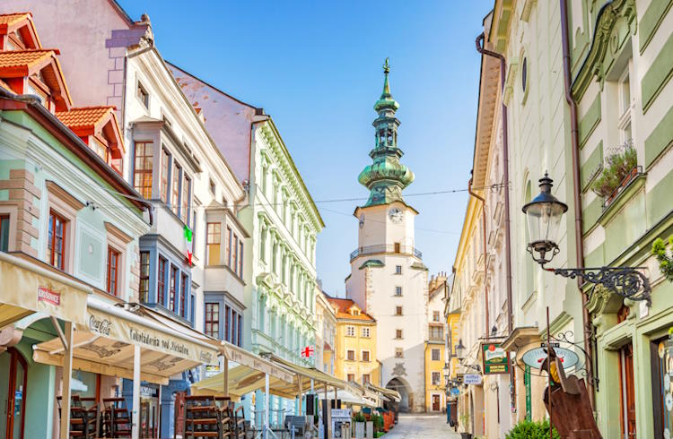 Pastel buildings and iconic Michael's Tower in the Old Town center of Bratislava, Slovakia.