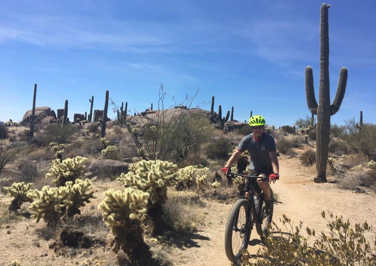 A man mountain bikes on a desert trail at Brown's Ranch near Phoenix, Arizona.