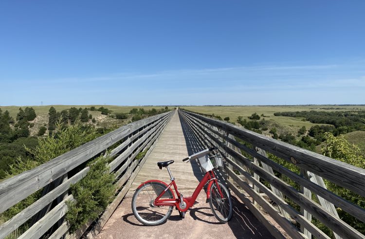 A rural bike share bike parked on a bridge over the Niobrara River in Cherry County, Nebraska.