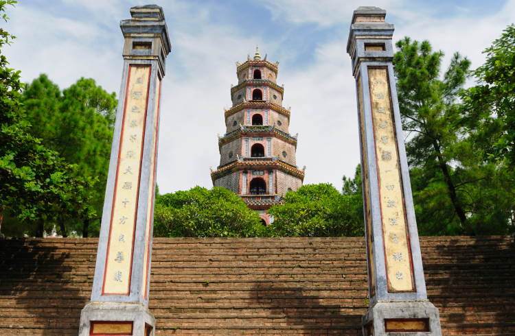 The ancient, multi-tiered Thien Mu Pagoda in Hue, Vietnam.