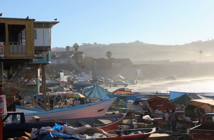 Colorful boats along the shore of Popotla, a fishing village in Baja Norte, Mexico.