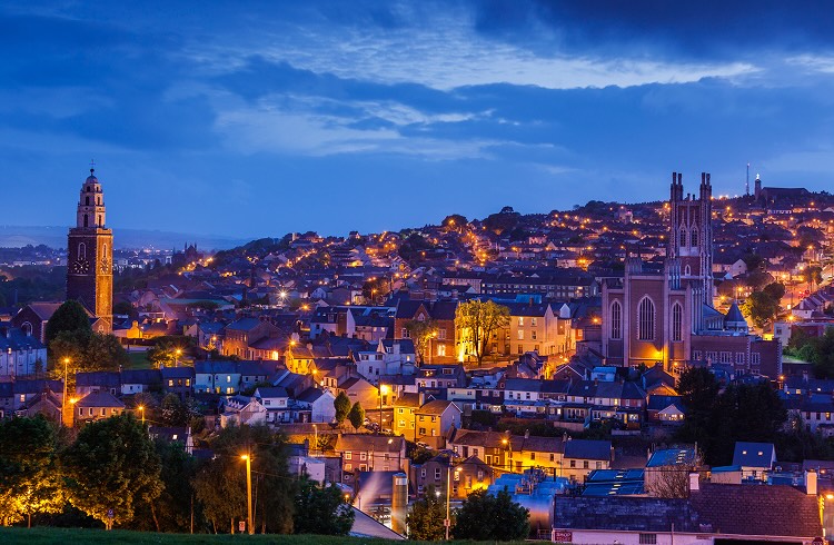 Ireland, County Cork, Cork City, St. Anne's Church, elevated view, dusk