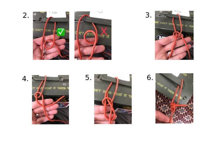 A series of photos showing the steps for tying a bowline knot.