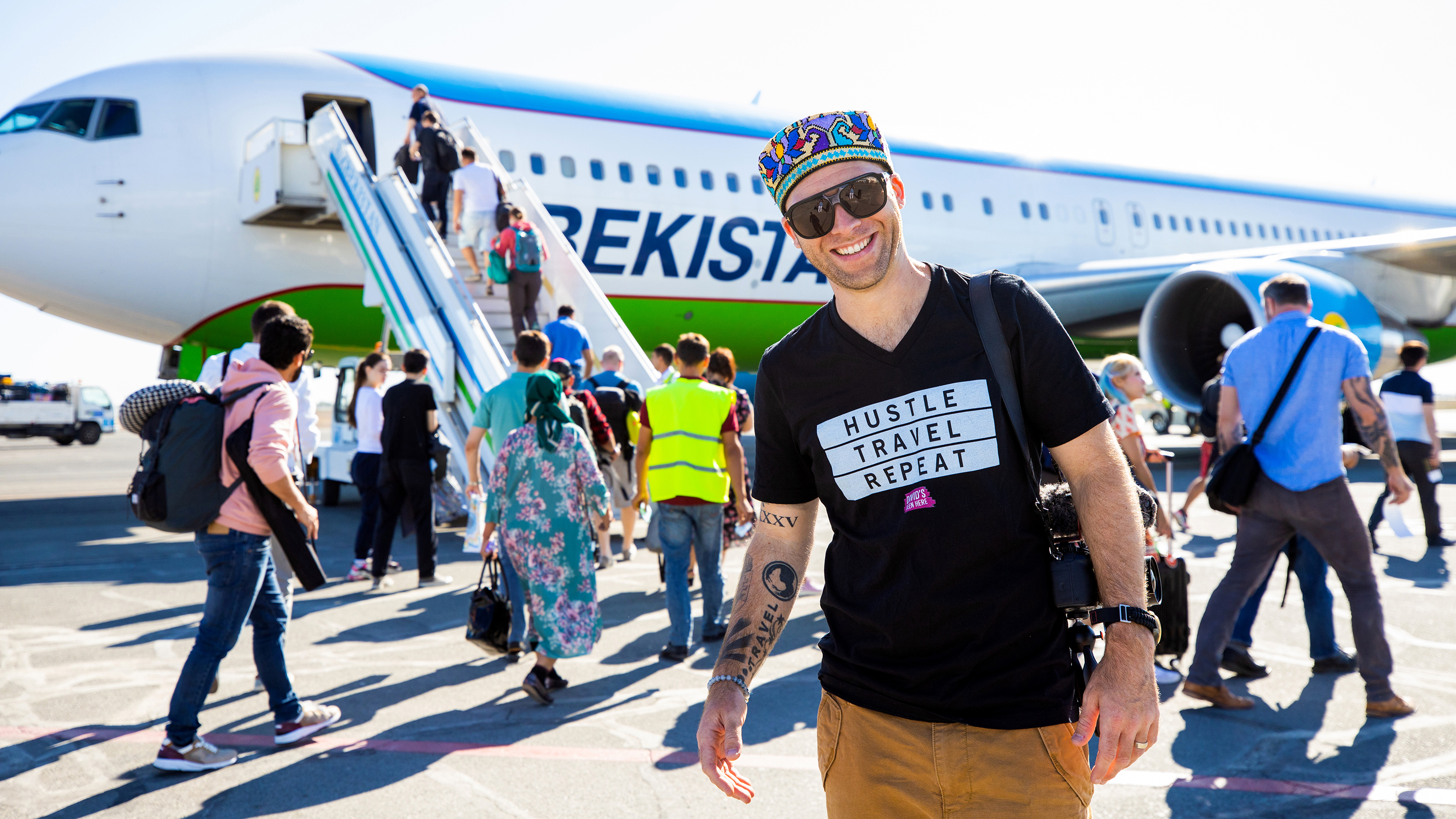 Vlogger David Hoffman about to board a plane