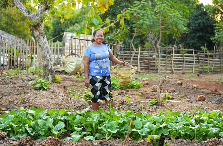 A woman smiles while tending to her vegetable garden on a remote island in Indonesia.