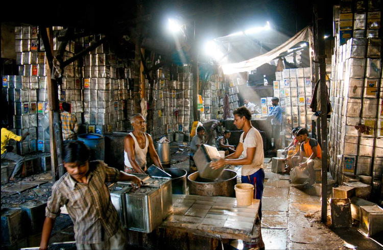 A recycling business in the Dharavi slum in Mumbai, India.