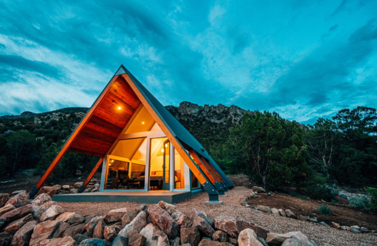 Twilight shot of a modern A-frame tiny home in Western Colorado.