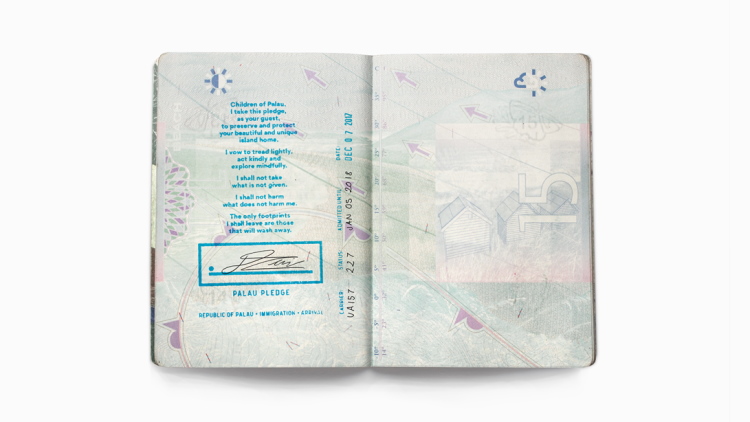 The Palau Travel Pledge, stamped into a passport.