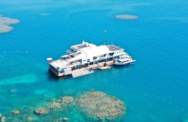 A floating pontoon for diving, snorkeling and marine research in the Great Barrier Reef.
