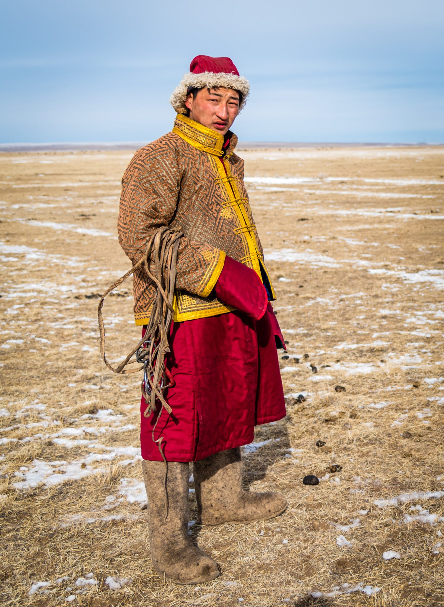 Horsemen wear beautiful clothes and boots to fight the extreme cold weather. Temperatures in winter often drop below -30C. It is a tough life.