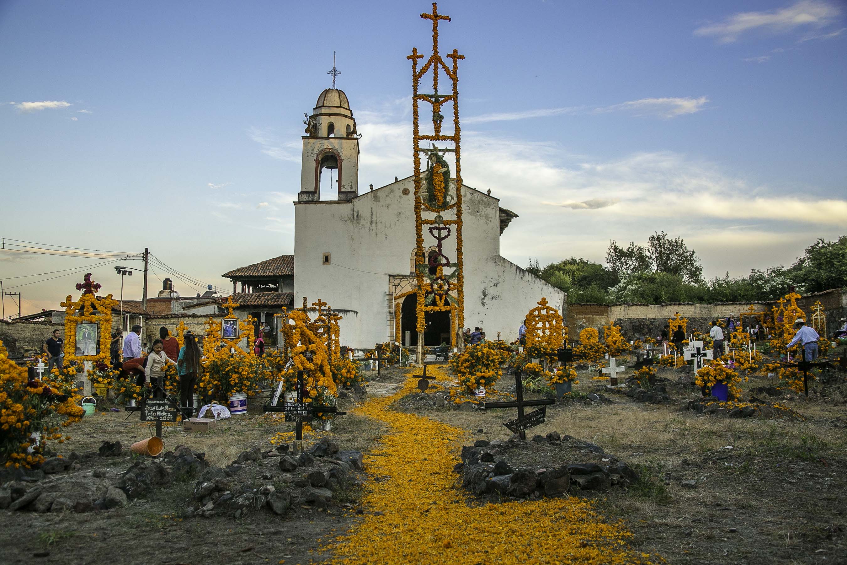 A bed of Cempazuchitl flowers pave the way to a small graveyard where families prepare for the "Dia de los Muertos" festivities, a celebration of the lives of past ancestors. The flower is a symbol of fire and the sun, it is believed to serve as guidance for the returning souls.
