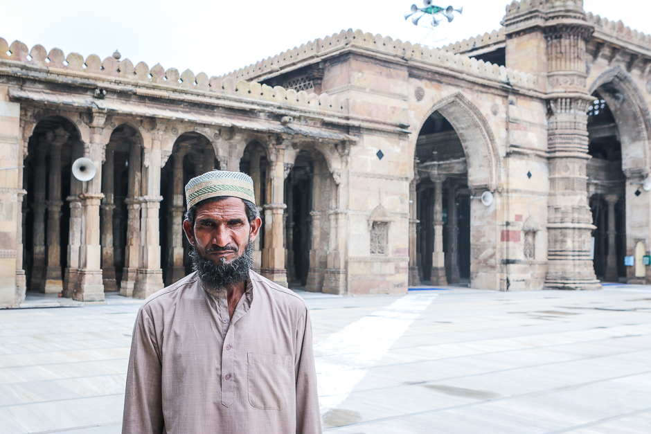 The keeper of Ahmedabad’s Jama Masjid. Outside of prayer time he is happy to take anyone on a tour, speaking Hindi or Arabic, he tells of the minaret that once towered over the forecourt, of times of hardship for Muslims from political movements, and now speaks comfortably from place of security.  