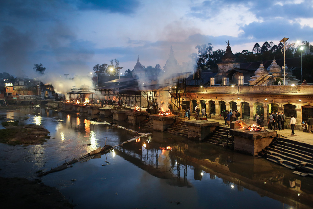 The cremation of the dead is going on at Pashupatinath Temple, Kathmandu. May 1, 2015.