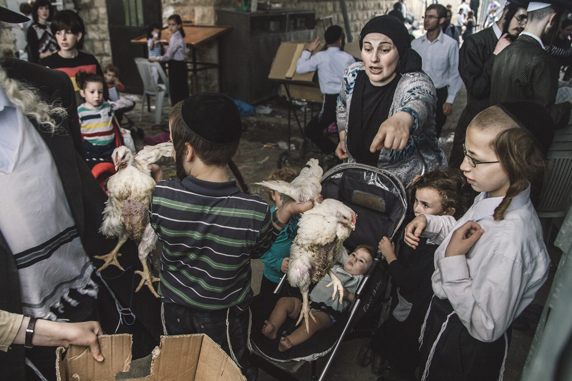 A family is getting ready for the feast of Kapparot in Mea Shearim, the orthodox neighborhood in Jerusalem. Kapparot is an ancient celebration in which a person waves a chicken around his or her head and then sacrificed it.