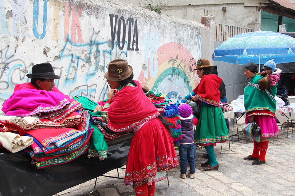 The Andean sellers. Women in this part of Ecuador like to wear colourful skirts and layers. They don't leave aside their traditional costume, they appreciate it a lot.
