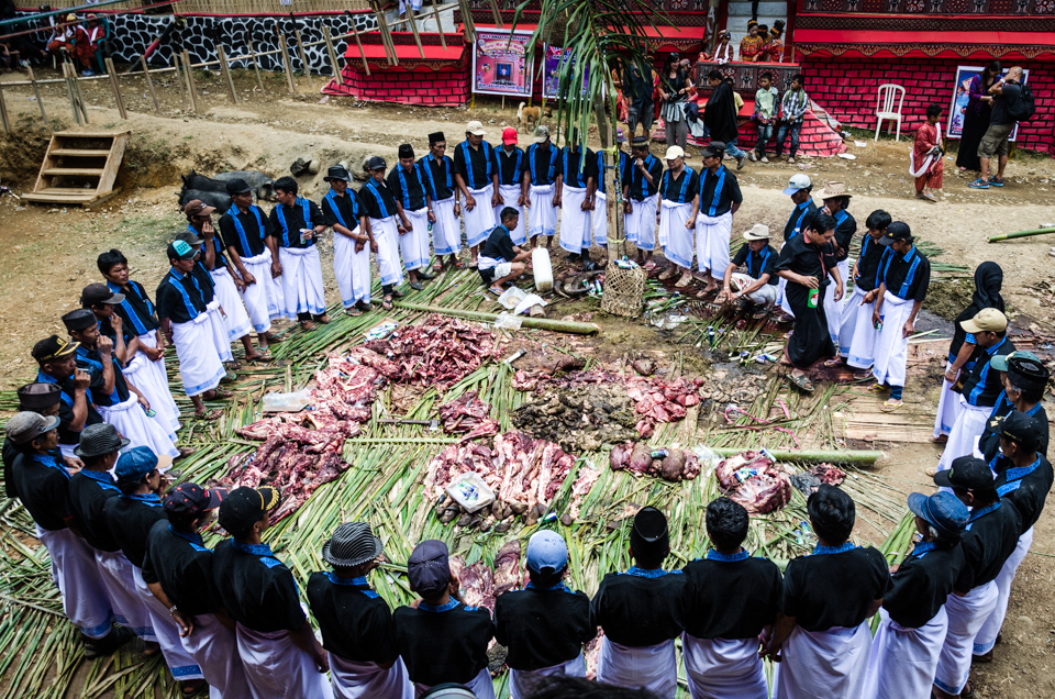 After sacrifice, the buffalo meat is divided and offered to the spirits, as well as being distributed to the guests. Guests are served in order of their social importance, the noblemen first, common classes last.