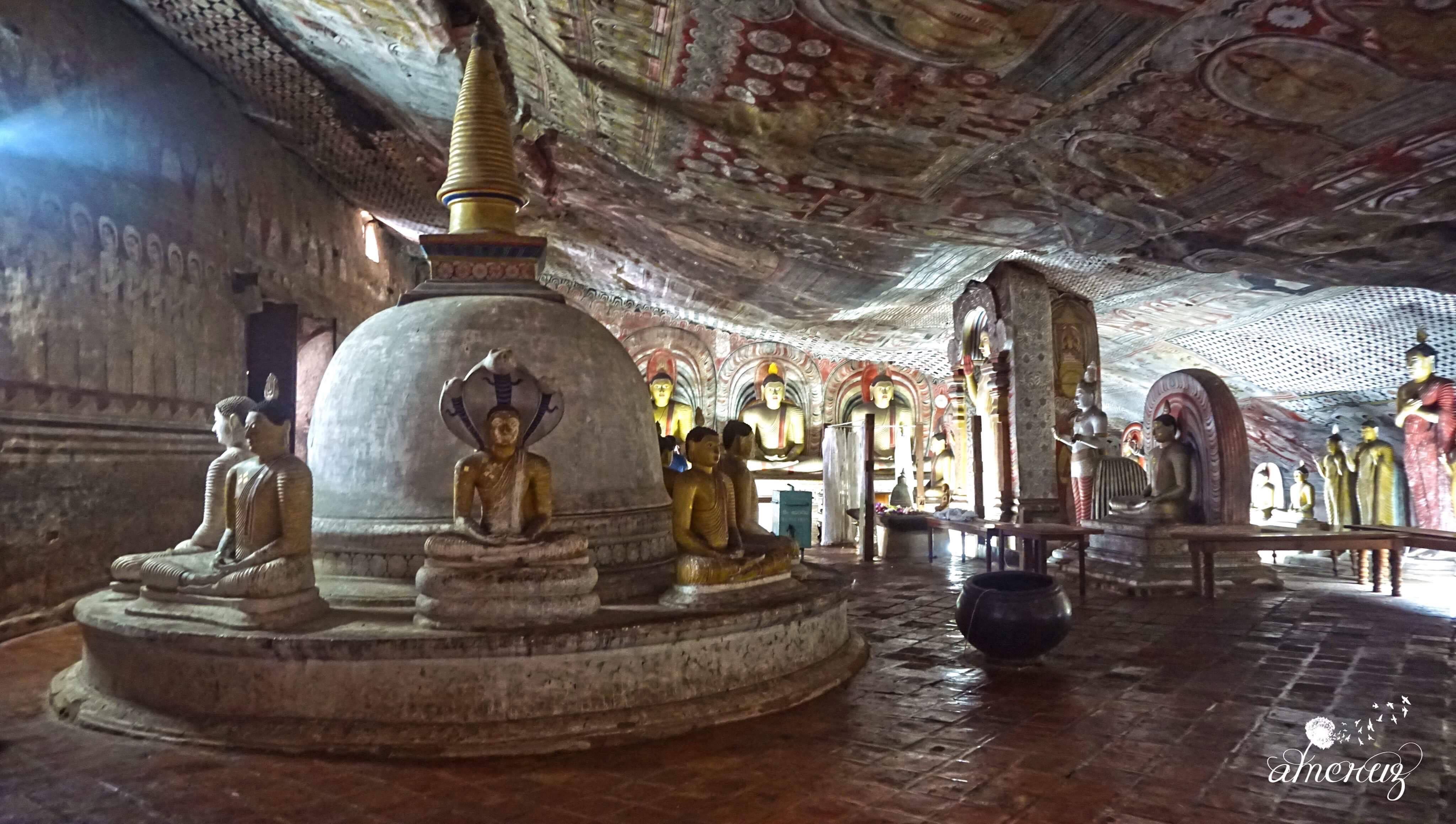 Dambulla Cave Temple.  The largest and well-preserved temple in Sri Lanka. Inside the cave, there are numerous Buddha statues, painted wall and ceiling of ancient art preserved over the centuries. This place is so peaceful and quiet.
