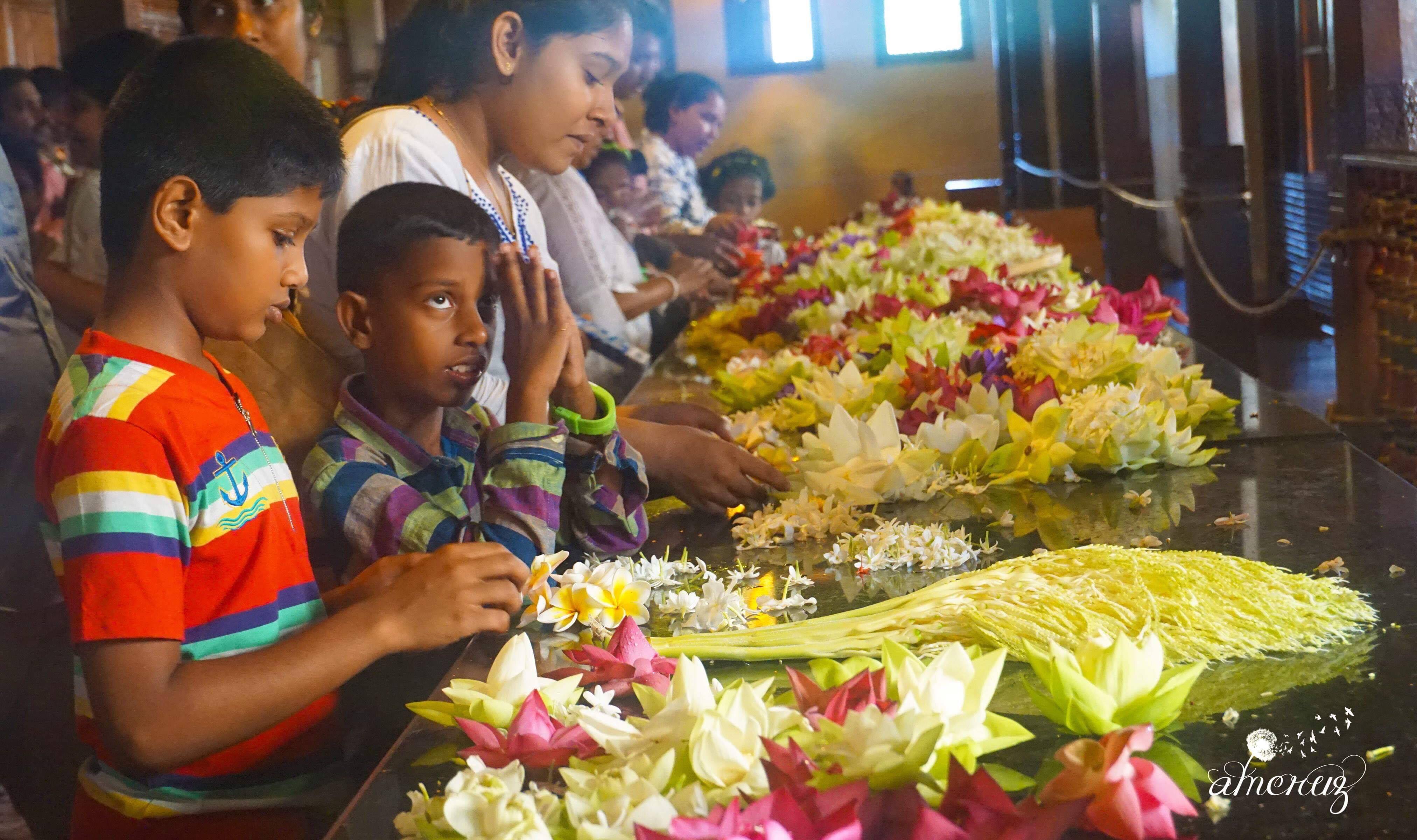 Sri Dalada Maligawa.  The home of the Temple of the Tooth Relic or “Sri Dalada Maligawa” is listed as a UNESCO World Heritage Site. People line up offering their flowers, prayers and meditating as well. Flowers like Jasmine are usually offered as it symbolizes love and devotion.