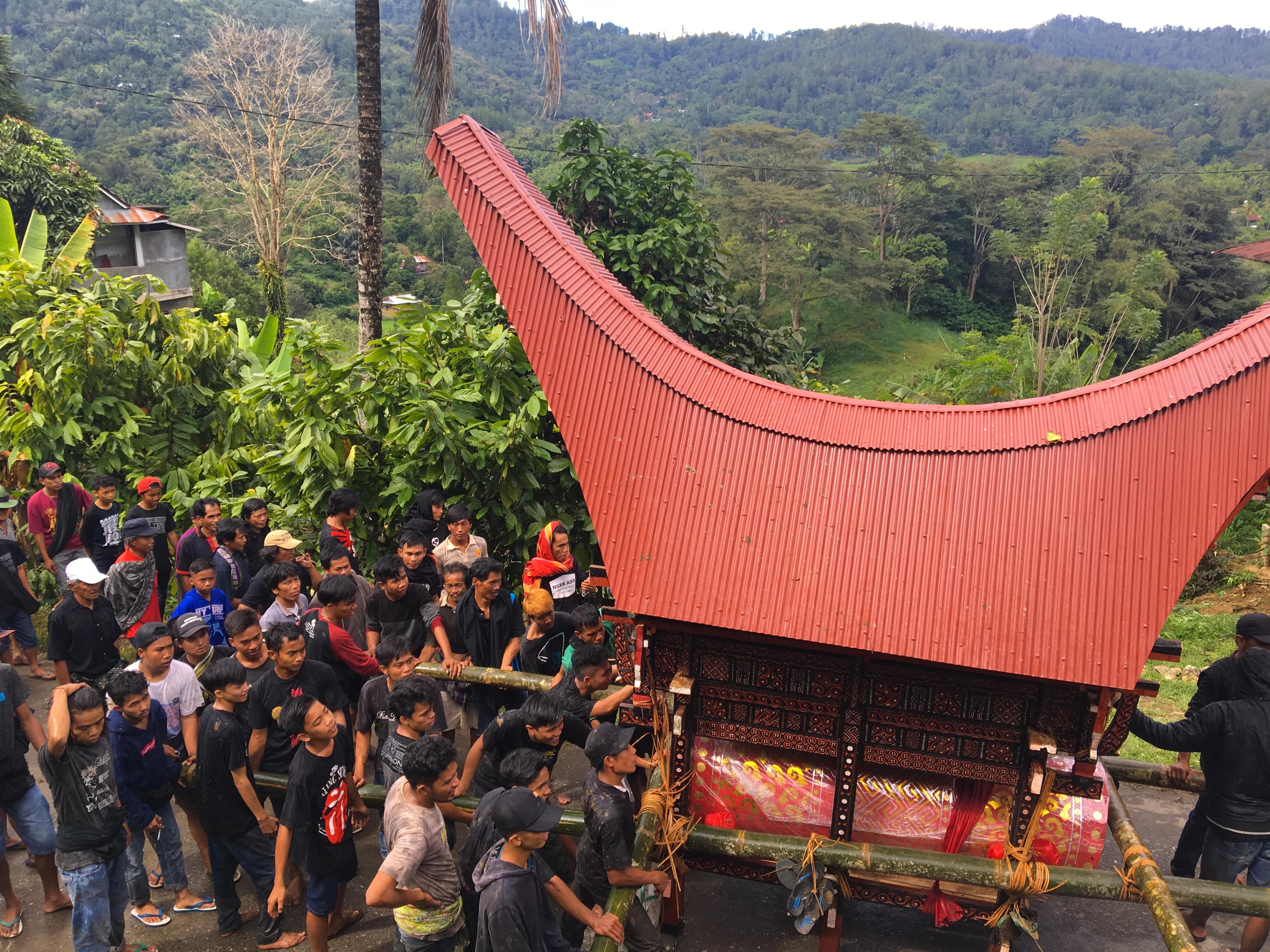 The start of a funeral procession in Tana Toraja, Sulawesi, Indonesia. The code of cultural beliefs of the Torajan people, Aluk (“The Way”), views funerary rites as the most important part of societal life, with the dead usually transported in a miniature version of the traditional tongkonan house.