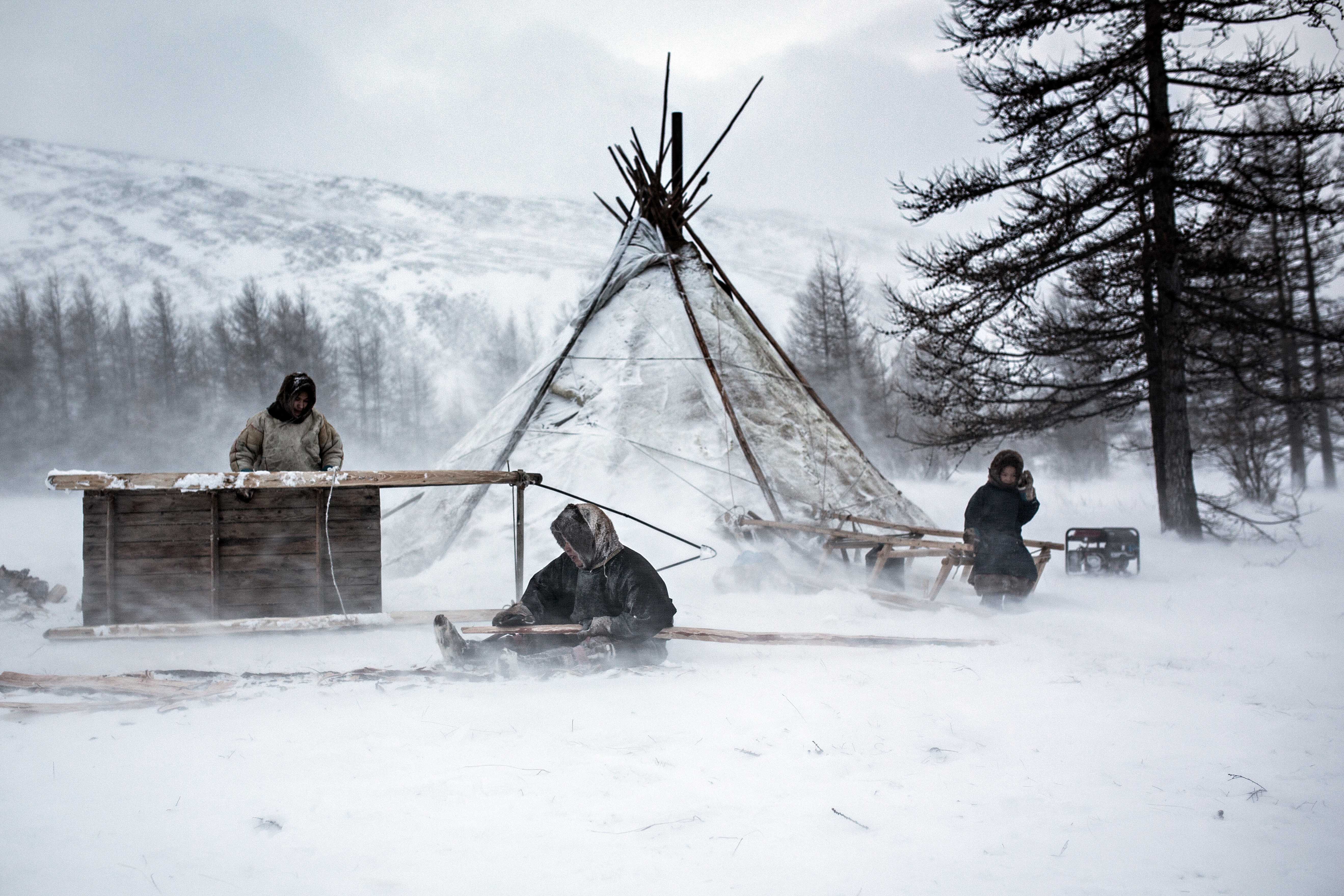During winters, these Nomads slow down their migration towards green pastures setting for several days in the camp. Chums (tents), made by wooden sticks and reindeer skin, are built in couple of hours to protect them from the strength of nature.
