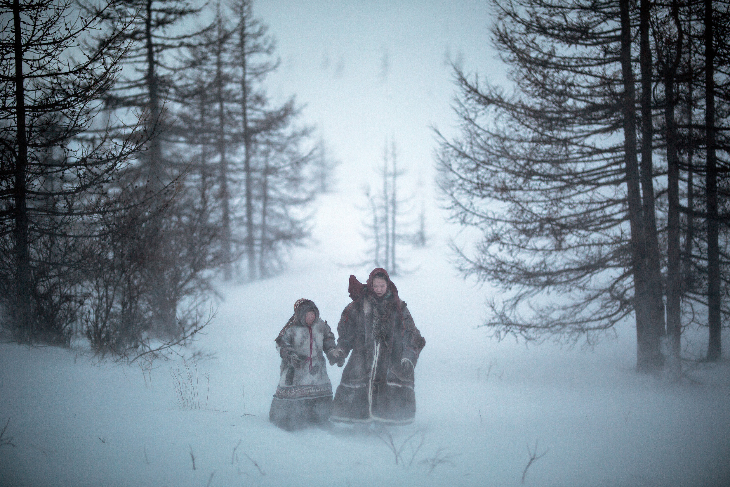 Storms, in winter season, are very frequent and Nenets protect themselves wearing thick and traditional reindeer skin coats.