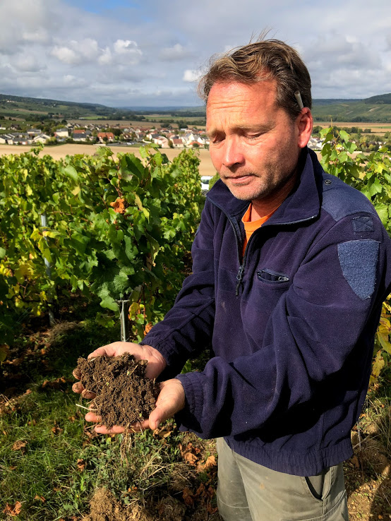 Near Mardeuil, France, biodynamic Champagne winemaker Vincent Charlot holds his most precious asset: healthy soil. To make the best champagne, Charlot says he must "understand the mind of the soil.” Biodynamic practices direct Charlot in how to listen and learn from the soil in his vineyards. 