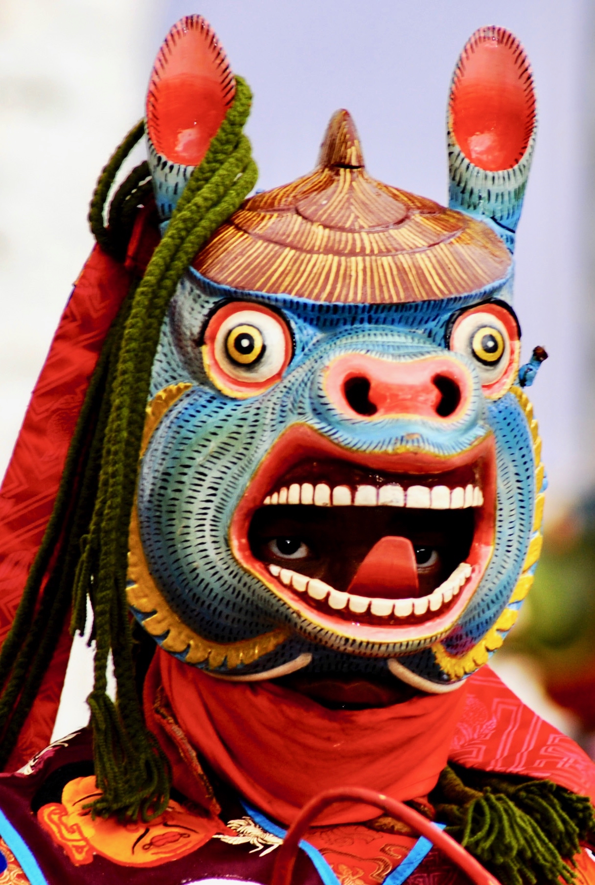A dancer stares out from beneath his brightly painted mask. The mask represents one of the real and imaginary animals in the Drametse Ngacham (Dance of the Drums of Drametse), an important mask dance that lasts between two and three hours.  