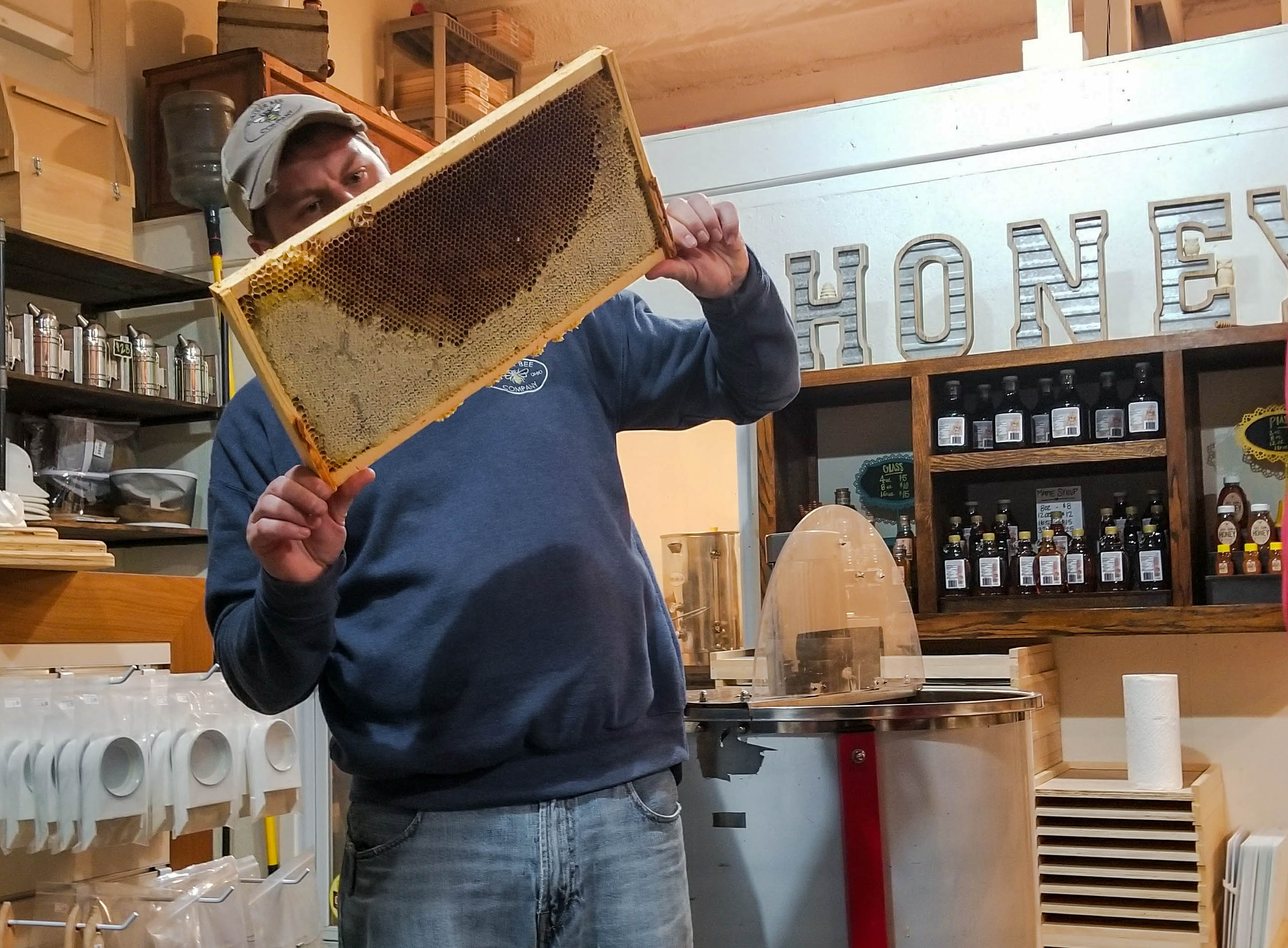The reward at the end of the season: frames filled with honey ready for harvesting. The beekeeper inspects each frame in preparation for processing.