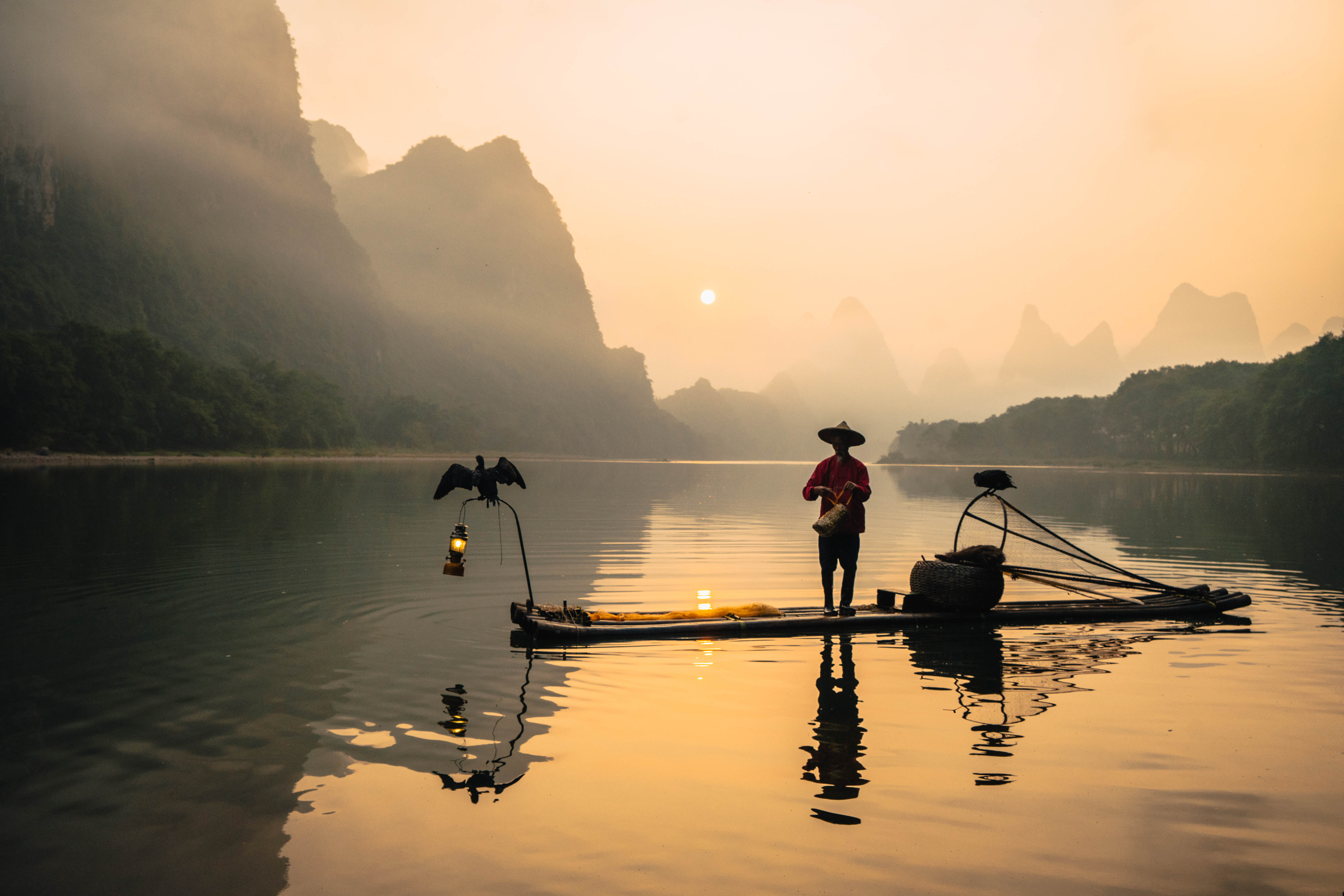 A fisherman and his cormorants rest on a bamboo raft at sunrise.  
