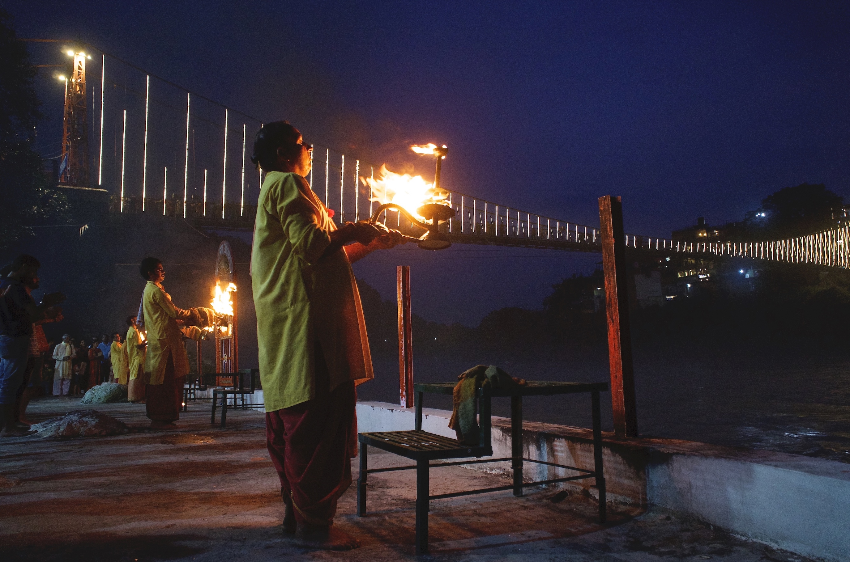 Gangaarti performed in many places in Rishikesh. Temple next to Laxman Jhoola (Bridge) conducts devotional ceremony by chanting mantras. They believe such sacred uttering with syllables makes the place energized.