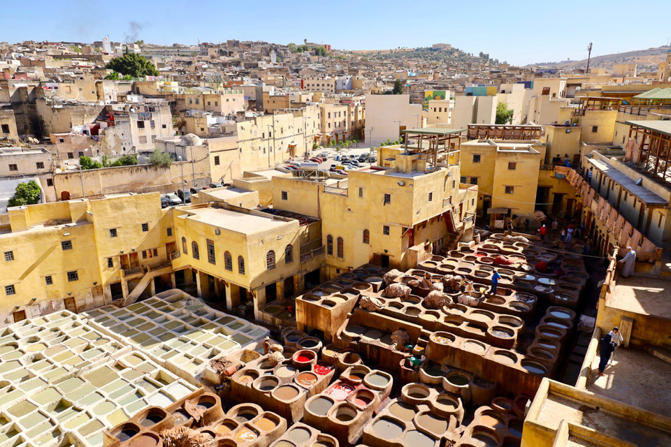The Chouara Tannery in Fes, Morocco is located in the city’s medina and dates back to the 11th century. Leather is still tanned in stone vessels with softening liquids and dyes in much the same way as it was done centuries ago.  