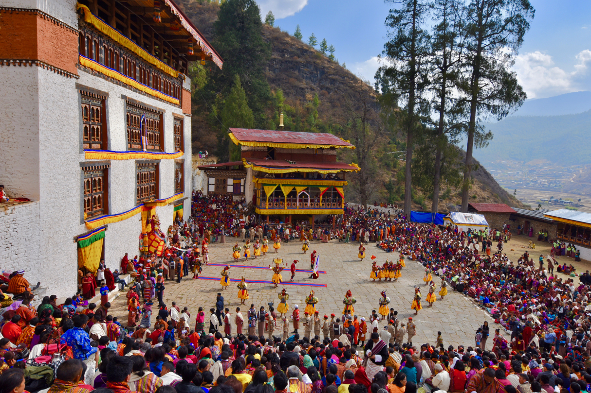 A Tsechu is a Buddhist festival that takes place annually in towns and villages across Bhutan. In Paro, in western Bhutan, the Tsechu is held in a courtyard of the magnificent Rinpung Dzong, a fortress dating back to the 17th century.