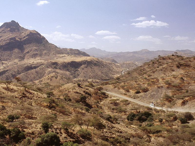 A bus winds its way along a mountain road in eastern Ethiopia.