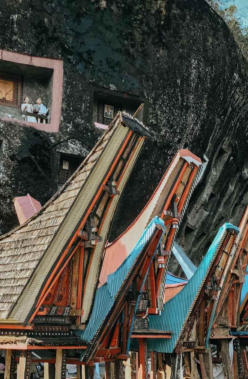 Saddle-shaped buildings at a traditional burial site in Sulawesi, Indonesia.