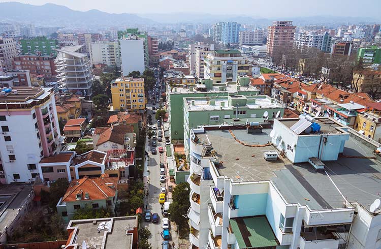 High angle cityscape of Tirana downtown