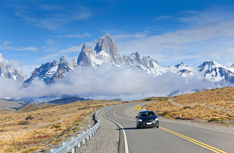Driving back from El Chalten in Argentina, with Mount Fitz Roy in the backdrop