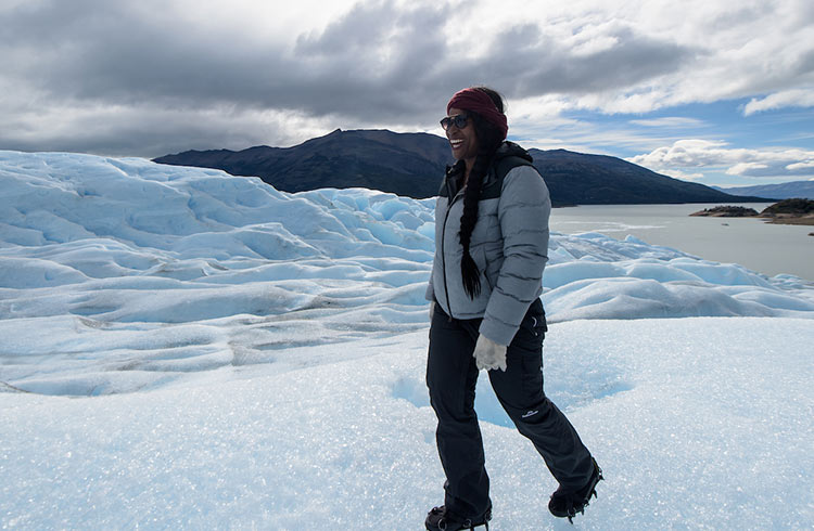 Gloria walking on Perito Moreno Glacier in southern Argentina
