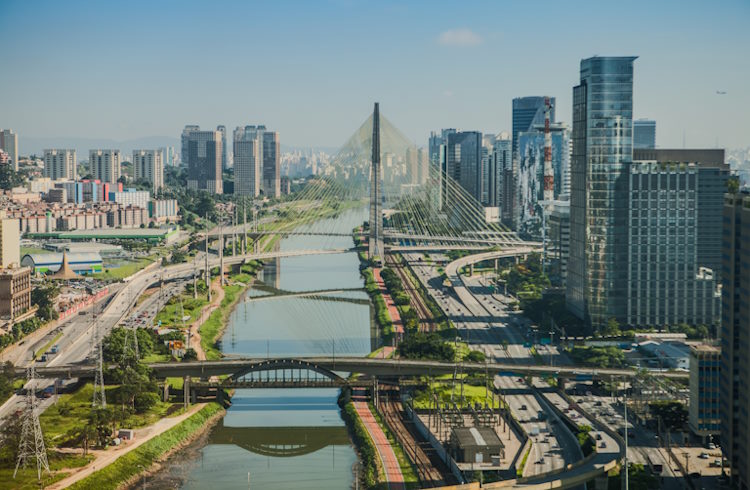 Sao Paulo cityscape featuring the iconic Octavio Frias de Oliveira bridge.