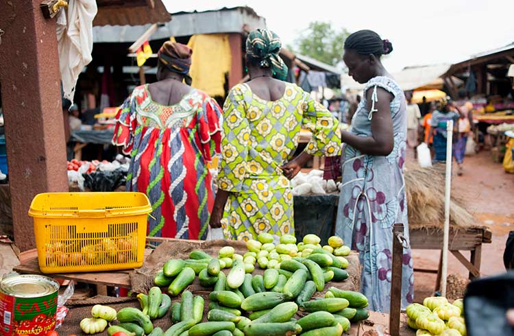 African women shopping grocery from a green grocer in the market place in Tanghin in Ouaga