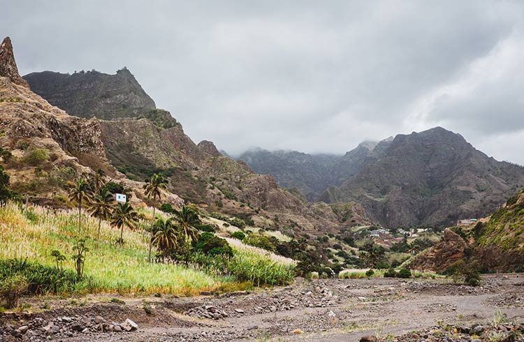 Panorama of dried-up stream surrounded by fertile green valley on a hiking trail at Santo Antao, Cabo Verde