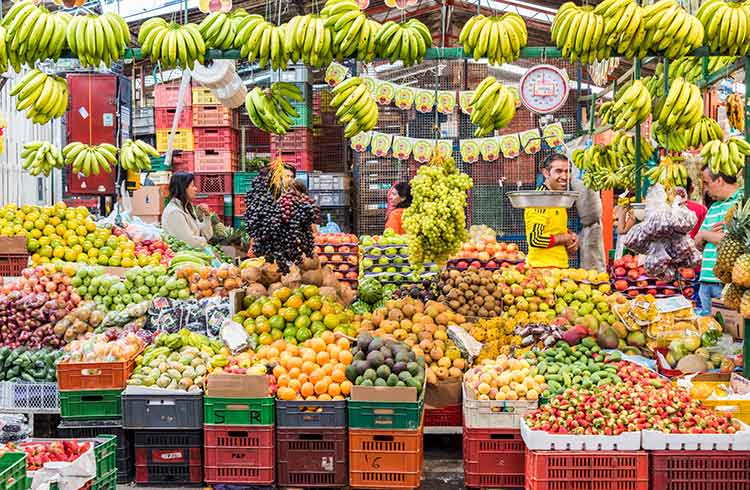 Bananas and fruits at Paloquemao Market in Bogota Colombia