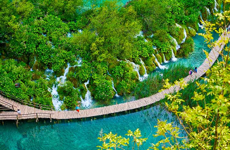 Boardwalk above water among trees in Plitvice Lakes National Park, Croatia