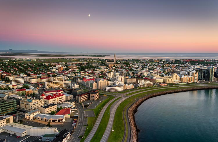 Panoramic view of Reykjavik in the summertime, the midnight sun