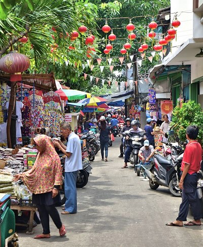 A busy market street in Indonesia