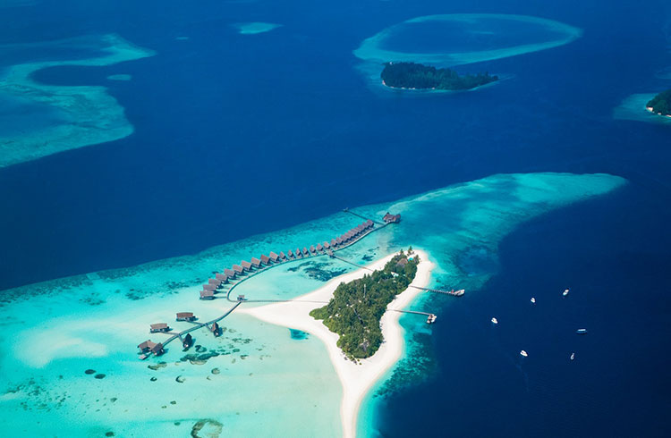 Aerial shot of Como Cocoa Island, The Maldives, in South Malé Atoll, Maldives