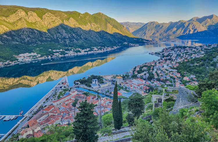 Boka Bay and Kotor, Montenegro, from the trail up to St John's Fortress.