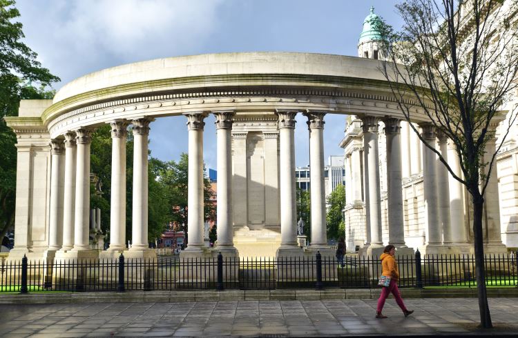 An elegant colonnade at Belfast City Hall, Northern Ireland.